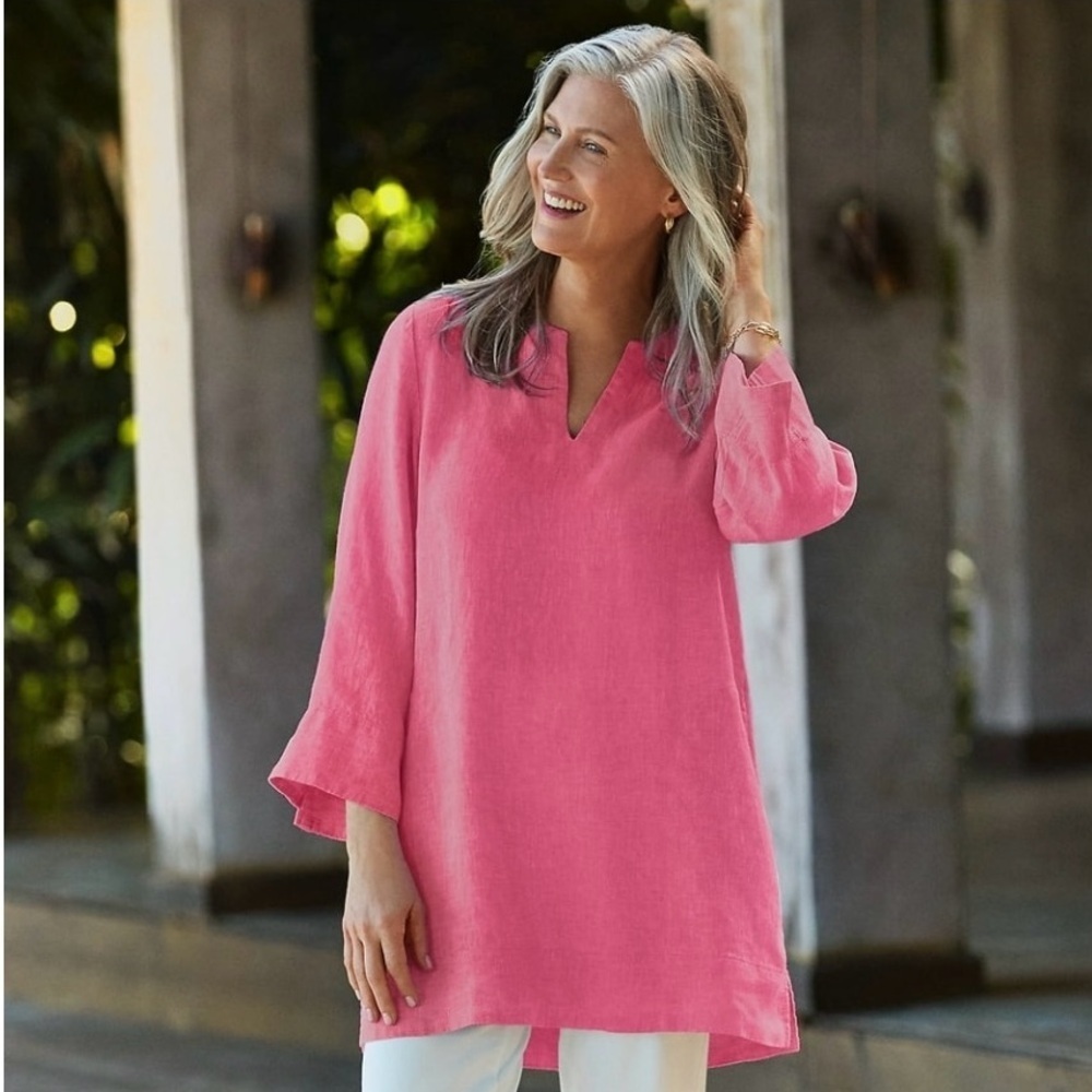 Lands' End Women's Pink Shirt %100 Liner Split Neck, 3/4 Sleeve,Tunic Size L